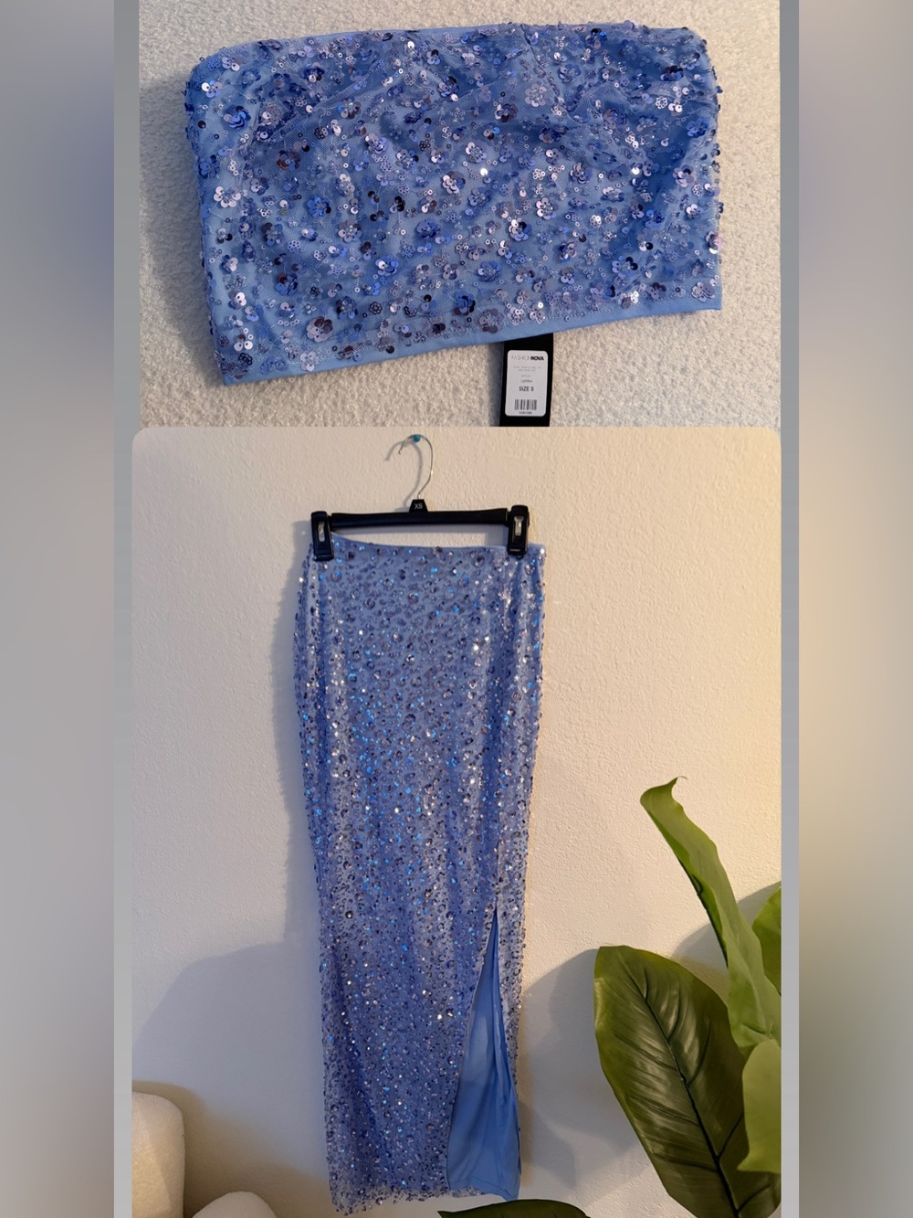 Jewel Sequin Tube Top Maxi Skirt Set - Light Blue